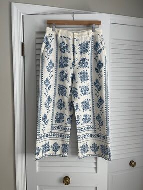 Zara Cream Pants with Blue Floral Embroidery